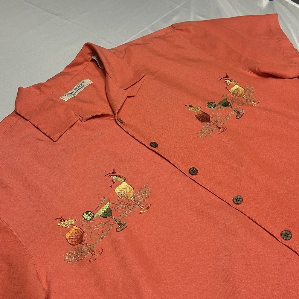 Island Republic Hawaiian Button Up Shirt Men's XL Peach Embroidered Drinks Rayon